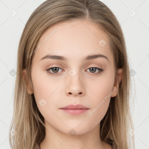 Neutral white young-adult female with long  brown hair and brown eyes