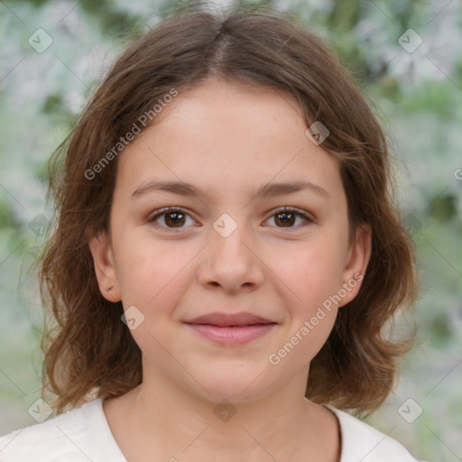 Joyful white child female with medium  brown hair and brown eyes