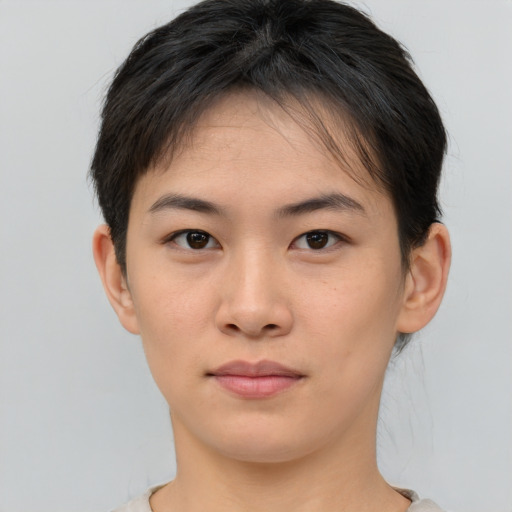 Neutral asian young-adult female with short  brown hair and brown eyes