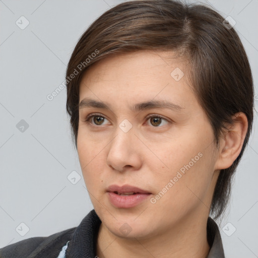 Neutral white young-adult female with medium  brown hair and brown eyes