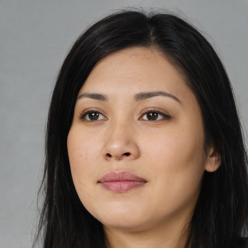 Neutral asian young-adult female with long  black hair and brown eyes
