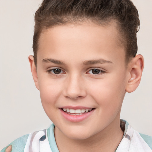 Joyful white child female with short  brown hair and brown eyes