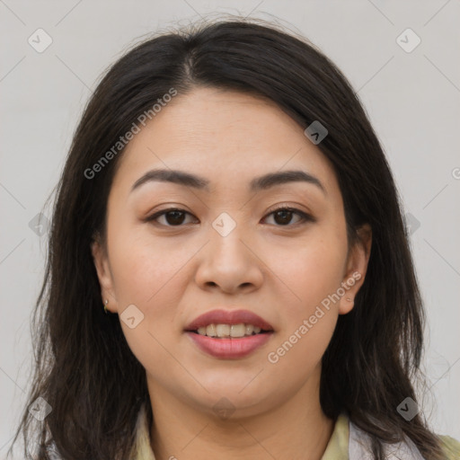 Joyful asian young-adult female with long  brown hair and brown eyes