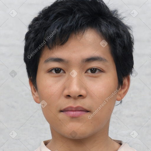 Neutral asian young-adult male with short  black hair and brown eyes