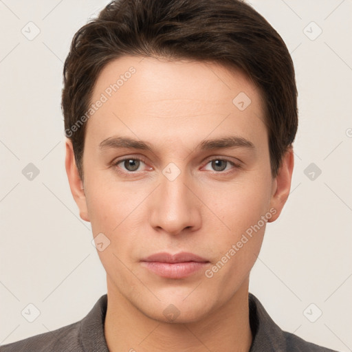 Neutral white young-adult male with short  brown hair and brown eyes