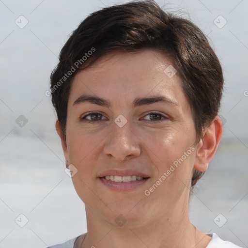 Joyful white young-adult female with short  brown hair and brown eyes