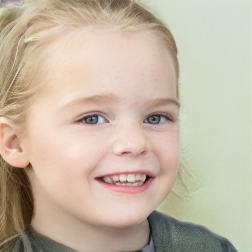 Joyful white child female with long  brown hair and blue eyes