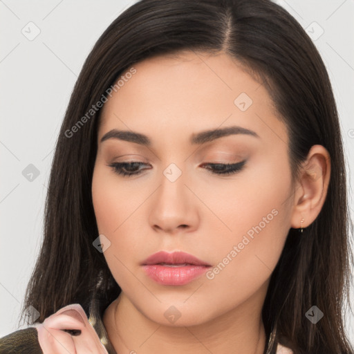 Neutral asian young-adult female with long  brown hair and brown eyes