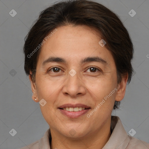 Joyful white adult female with medium  brown hair and brown eyes