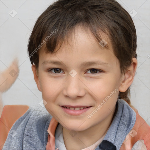 Joyful white child female with short  brown hair and brown eyes