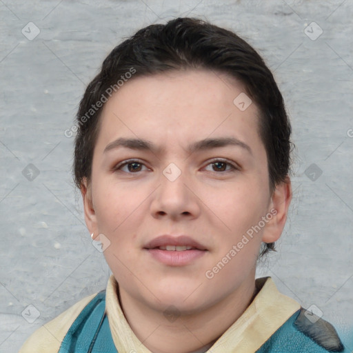 Neutral white young-adult female with short  brown hair and brown eyes