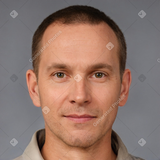 Neutral white adult male with short  brown hair and brown eyes