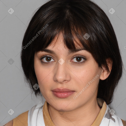 Neutral white young-adult female with medium  brown hair and brown eyes