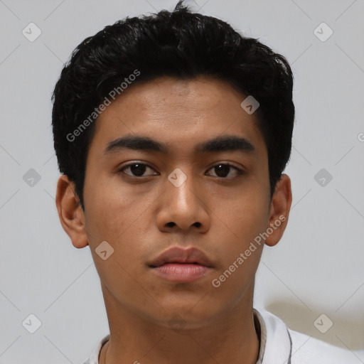 Neutral asian young-adult male with short  black hair and brown eyes