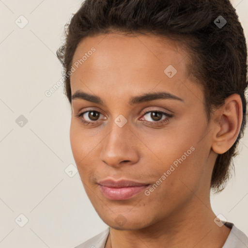 Neutral white young-adult female with short  brown hair and brown eyes