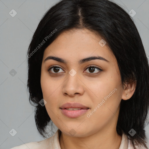 Joyful latino young-adult female with medium  black hair and brown eyes