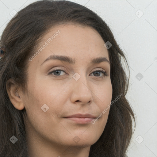 Neutral white young-adult female with long  brown hair and brown eyes