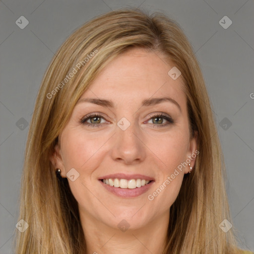 Joyful white young-adult female with long  brown hair and grey eyes