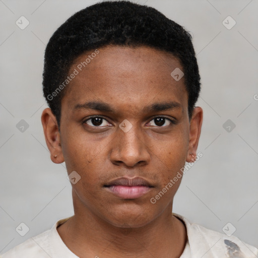 Neutral black young-adult male with short  black hair and brown eyes