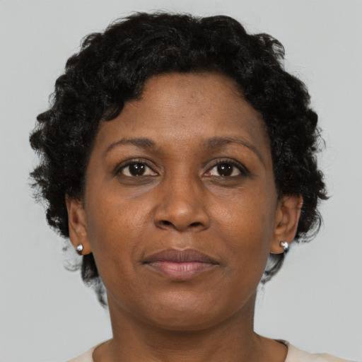 Neutral black adult female with short  brown hair and brown eyes