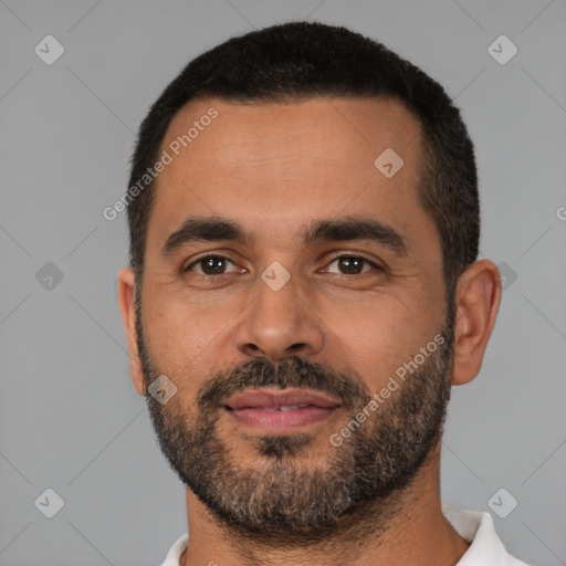 Neutral latino adult male with short  black hair and brown eyes