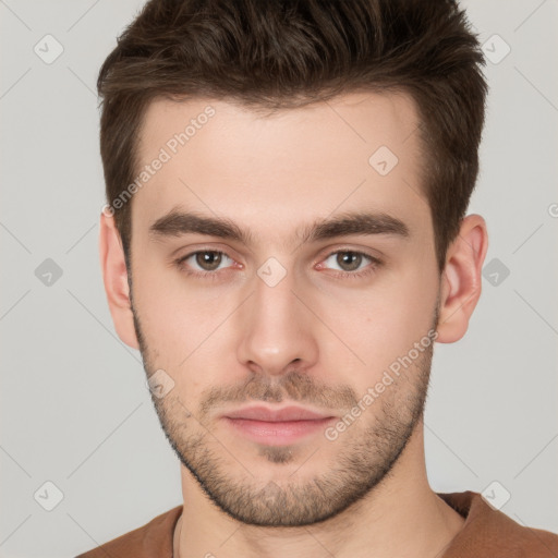 Neutral white young-adult male with short  brown hair and brown eyes