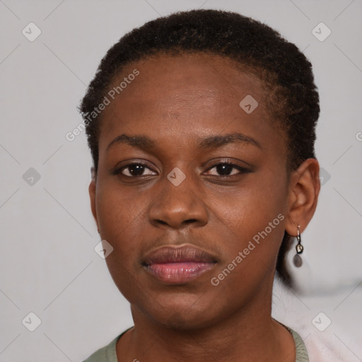 Neutral black young-adult female with short  brown hair and brown eyes