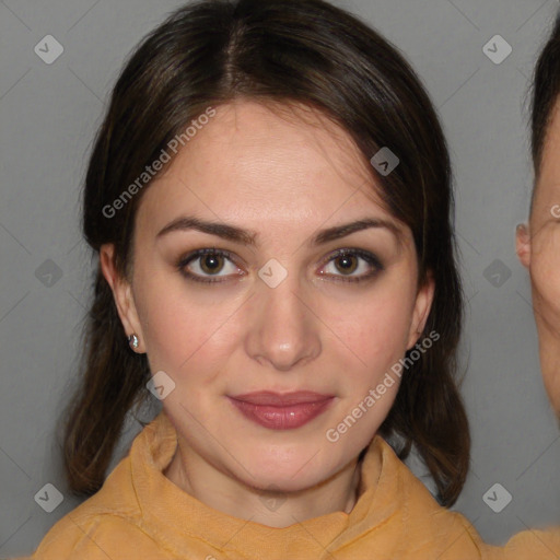 Joyful white young-adult female with medium  brown hair and brown eyes