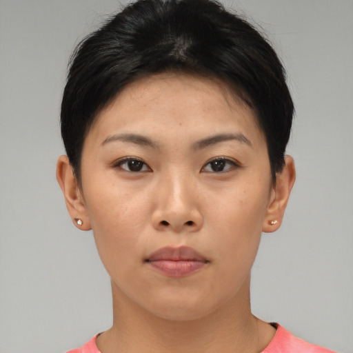Neutral asian young-adult female with short  brown hair and brown eyes
