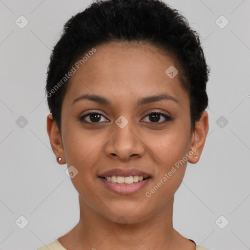 Joyful latino young-adult female with short  black hair and brown eyes