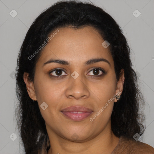 Joyful latino young-adult female with long  brown hair and brown eyes