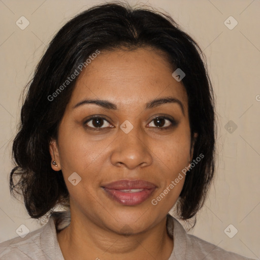 Joyful black young-adult female with medium  brown hair and brown eyes