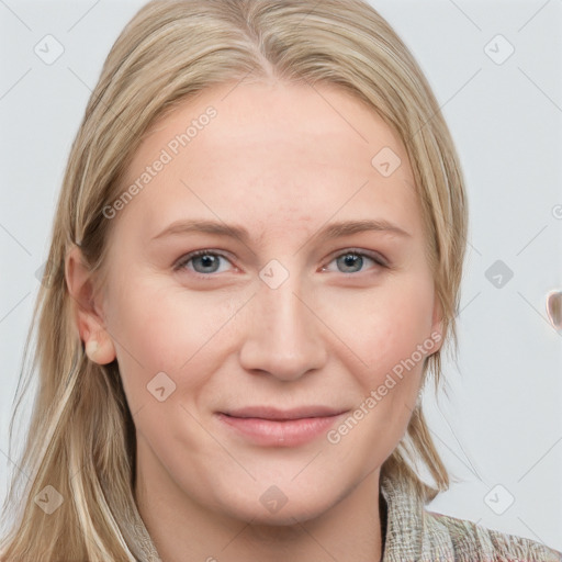 Joyful white young-adult female with medium  brown hair and blue eyes