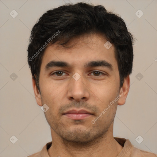 Neutral white young-adult male with short  black hair and brown eyes