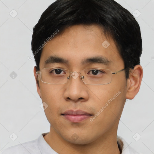 Neutral asian young-adult male with short  brown hair and brown eyes