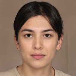 Neutral white young-adult female with short  brown hair and brown eyes