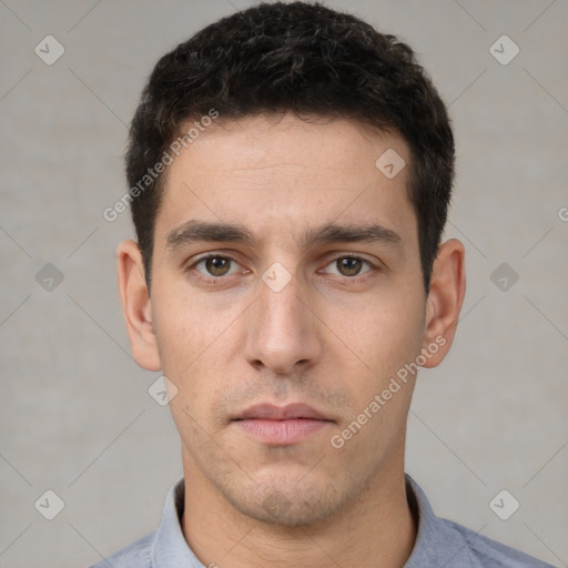 Neutral white young-adult male with short  brown hair and brown eyes