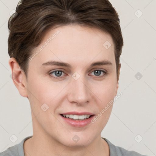 Joyful white young-adult female with short  brown hair and grey eyes