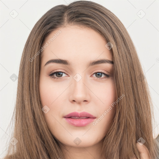 Neutral white young-adult female with long  brown hair and brown eyes