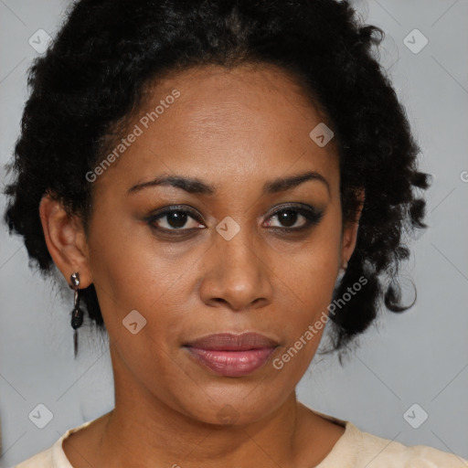 Joyful black adult female with short  brown hair and brown eyes