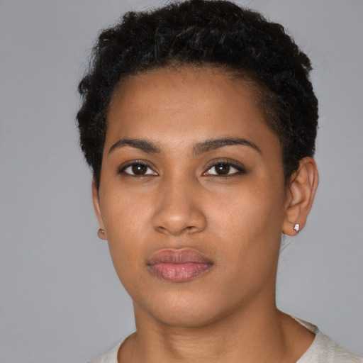 Neutral black young-adult female with short  brown hair and brown eyes