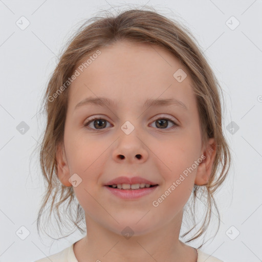 Joyful white child female with medium  brown hair and blue eyes