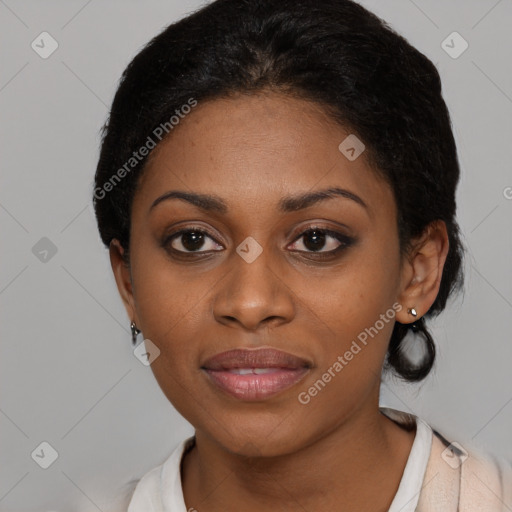 Joyful black young-adult female with medium  black hair and brown eyes