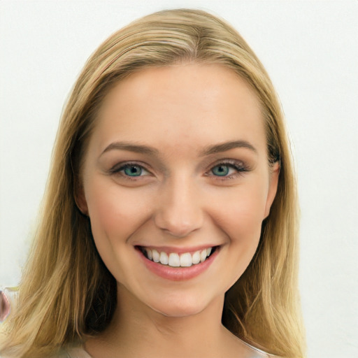 Joyful white young-adult female with long  brown hair and blue eyes