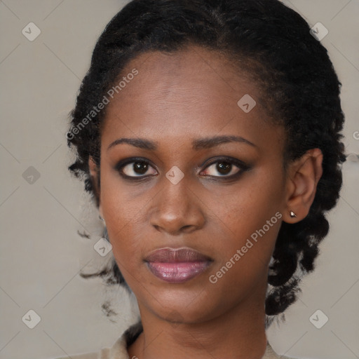 Neutral black young-adult female with short  black hair and brown eyes