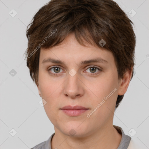 Neutral white young-adult female with short  brown hair and grey eyes