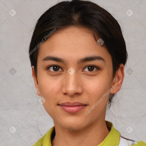 Joyful latino young-adult female with short  brown hair and brown eyes