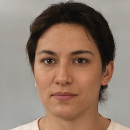 Neutral white adult female with short  brown hair and brown eyes