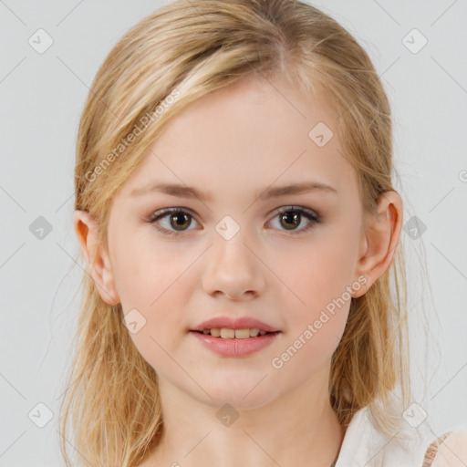 Joyful white child female with medium  brown hair and brown eyes