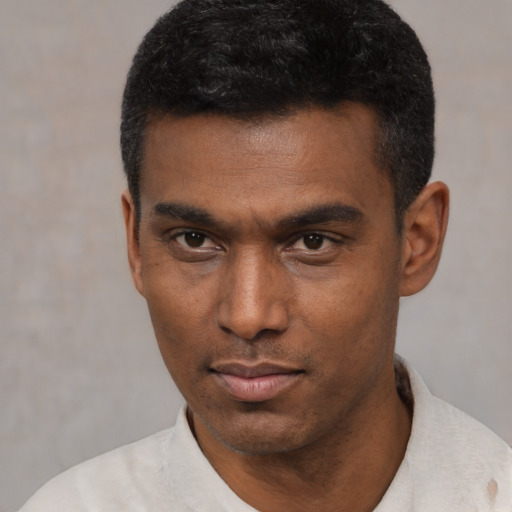 Neutral black young-adult male with short  black hair and brown eyes